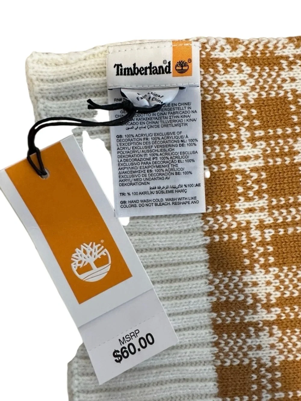 Timberland Plaid Knit Scarf NWT Tan Cream Winter Scarf Unisex Soft Cozy